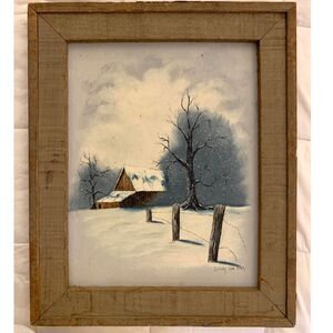 Original Oil Painting Snowy Landscape Country Barn Sky Wood Frame 14x17‎